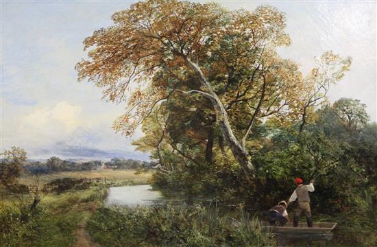 James Peel (1811-1906) Punting on a country stream, 16 x 24in.